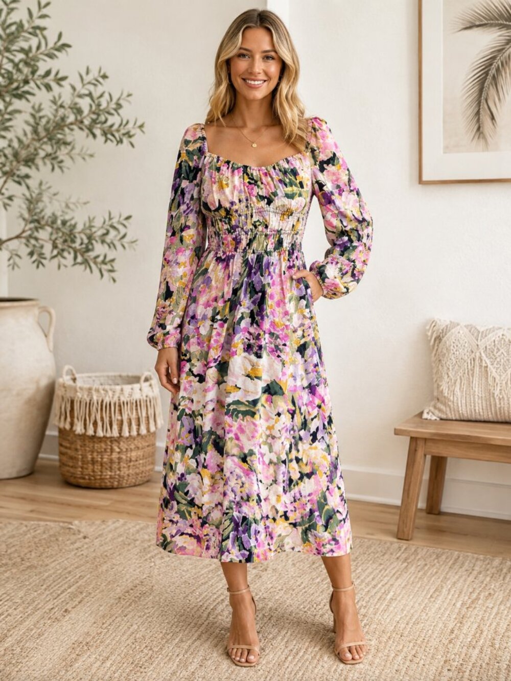 H&M Floral Smocked Midi Dress Balloon Sleeves Size S